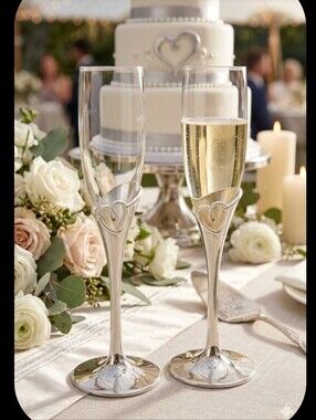 Lenox toasting flutes set wedding hearts silver & crystal